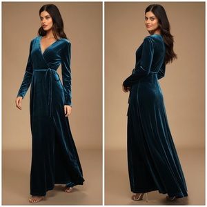 Jacinda Teal Blue Velvet Wrap Maxi Dress